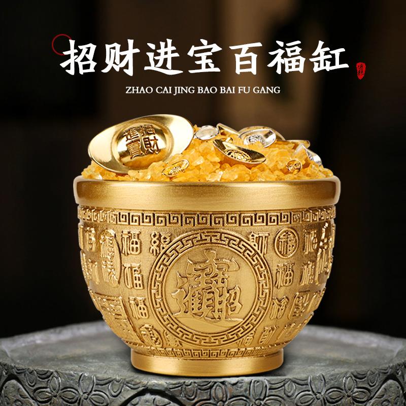 铜匠千年黄铜招财百福缸黄铜工艺品摆件小聚宝盆铜缸大号浮雕
