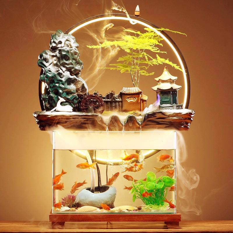 创意鱼缸流水摆件循环假山造景客厅桌面生财开业乔迁过滤增氧鱼缸