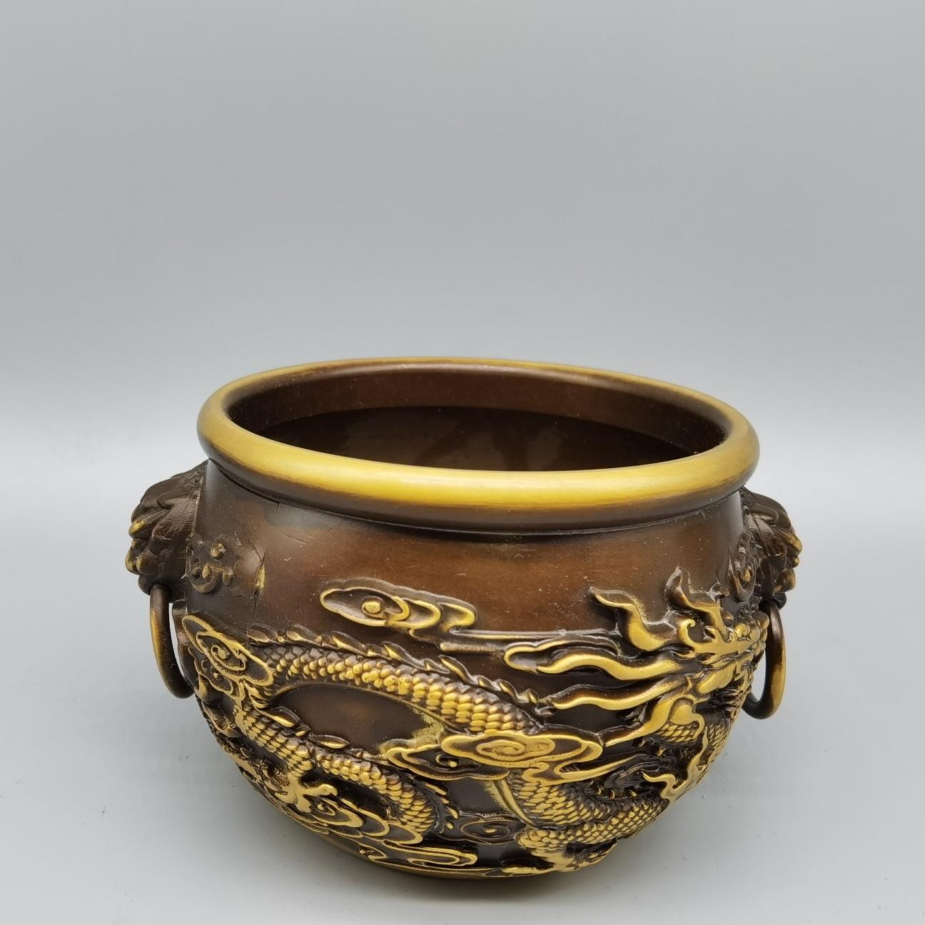 仿古做旧黄铜鎏金龙凤虎头缸复古中式客厅书房摆件工艺品