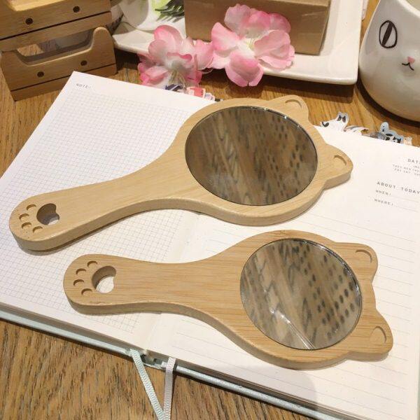 猫胡同 可爱猫头猫爪造型手持镜 竹木便携化妆家用镜子 小号 女生