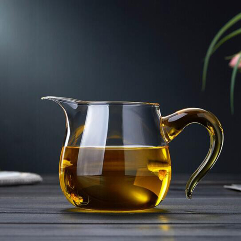 耐热玻璃公道杯高档带手柄分茶器鎏金侧把L功夫茶过滤杯懒人泡茶