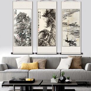 名家山水画张大千泛舟垂钓图李可染万山红遍客厅装饰挂画丝绸卷轴