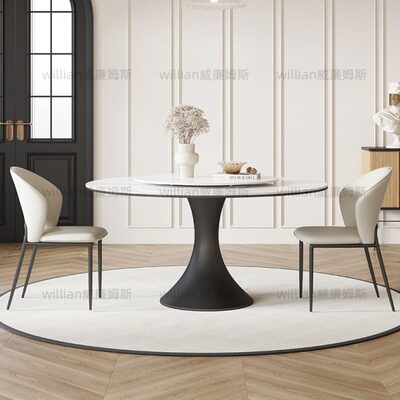 意式中古风圆形餐桌法式现代简约小户型家用8人黑色复古岩板圆桌