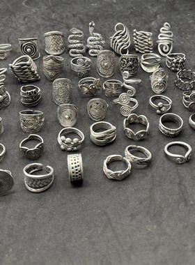 贵州民族风苗银戒指贵州复古个性仿老银圆铜鼓T可调节男女指环