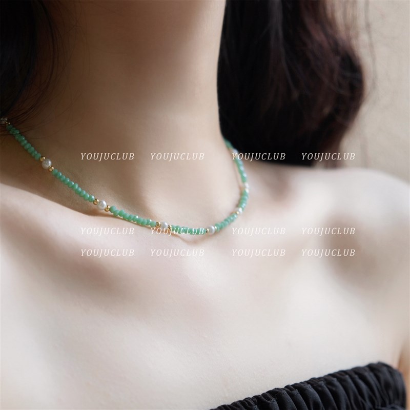 YOUJUclub-清野~清新淡绿色B极细串珠项炼简约珍珠名族风锁骨炼女