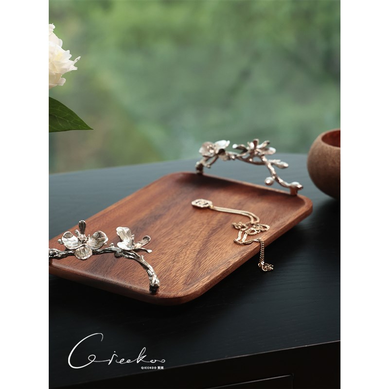 契阔家居客厅h格桑花盏手工鎏银花朵长方形实木首饰香薰托盘茶盘