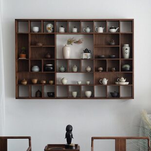 黑胡桃木博古架墙面置物架老榆木茶室收纳方格架多宝格瓷器搁架