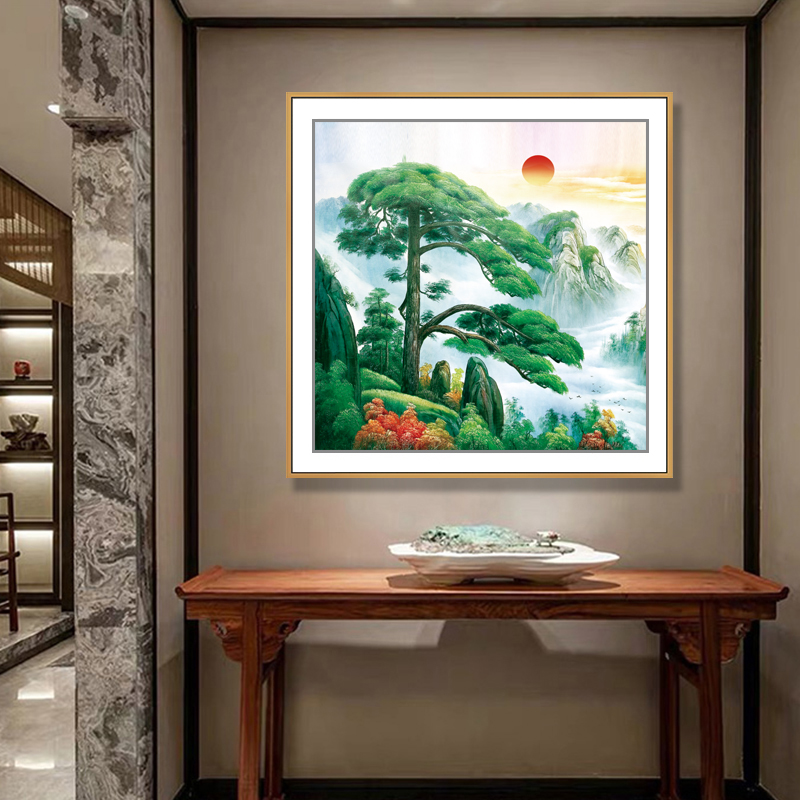 正方形装饰画新中式客厅书房挂画高山流水餐厅靠S山迎客松墙上壁图片