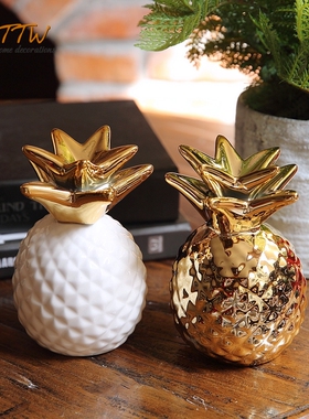 欧式釉面陶瓷金色菠萝储蓄罐高档装S饰家居饰品摆件