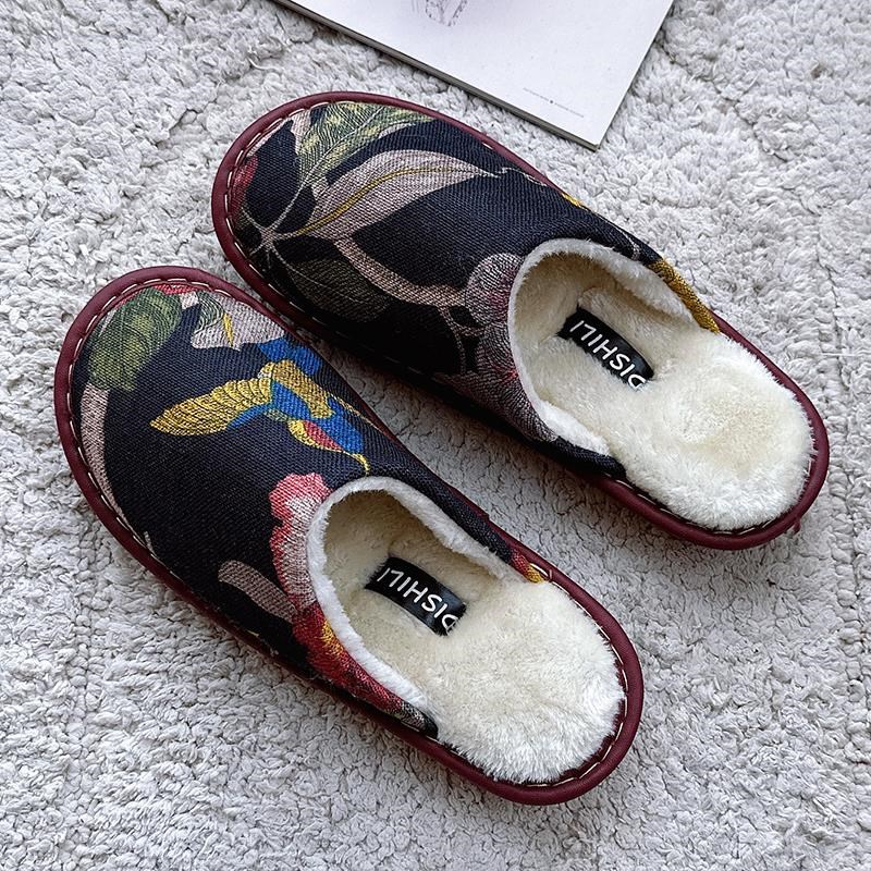 情侣居家棉拖鞋中式棉麻q印花布艺女木地板室内包头男冬款防1027b