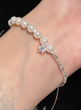 施家珍珠碎银闪钻手链女s925纯银