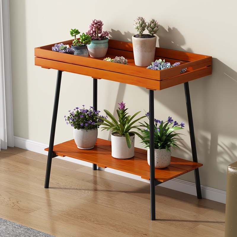 客厅落地式花盆置物架阳台放花B盆的双层铁艺置物架实木轻奢花架