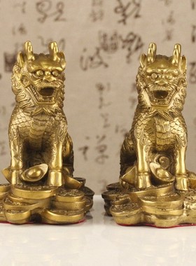 铜麒麟摆件纯铜一对护宝麒麟摆设礼品家居装R饰工艺品金属摆设