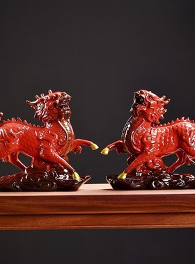 陶瓷工艺品麒麟摆件m一对火麒麟家居办公室客厅博古架装饰开业礼