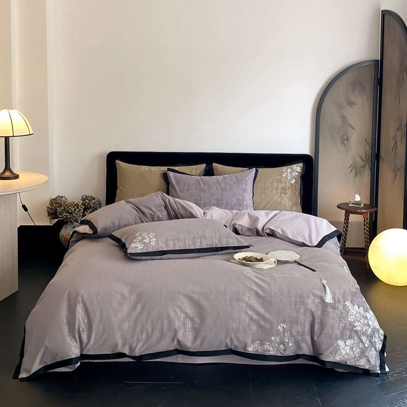 高端新中式50支全棉磨毛刺绣四件套秋冬季纯棉被套床单床上用品