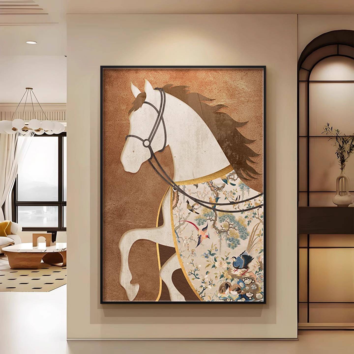 马到成功玄关装饰画法式中古风大气进门正对墙挂画高档走廊壁画