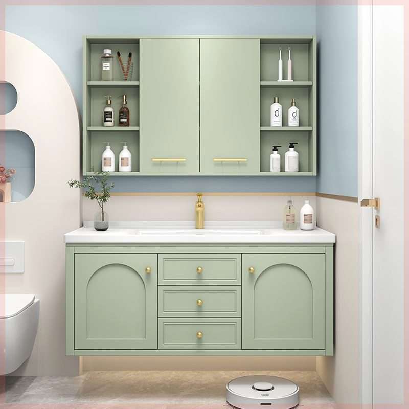 橡木隐藏风水镜柜73/83/93/103/113CM陶瓷一体盆浴室柜组合洗漱台