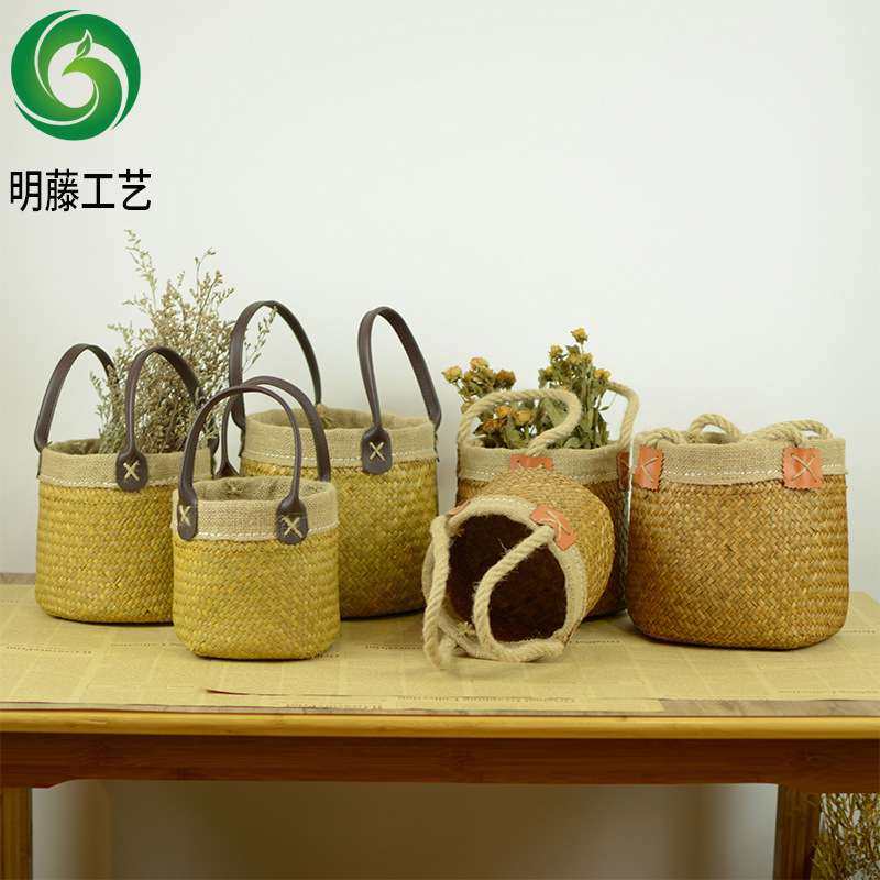 源头厂家 海草花篮草编手提花盆花桶摆件藤编编织篮子花盆花器