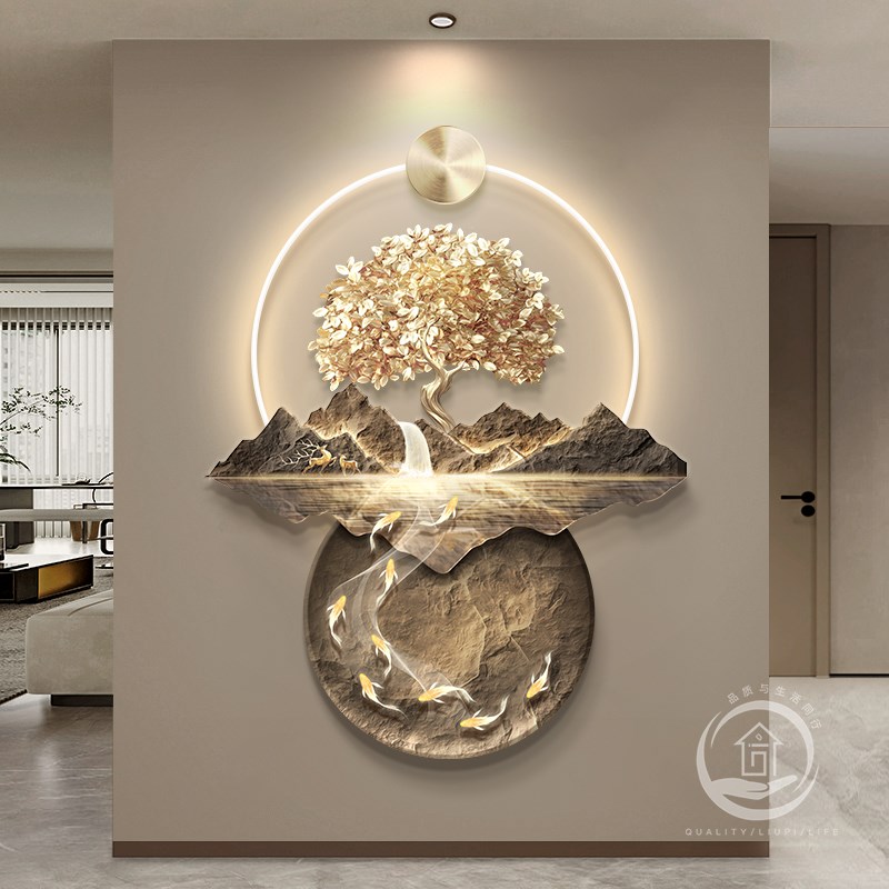 发财树新中式玄关装饰画流水生财走廊过道挂画大气山水九鱼图壁画图片