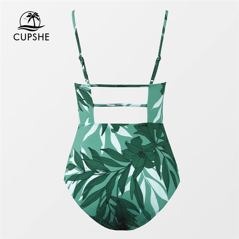 CUPSHE Leaf Print Square Neck Shirred One-Piece Swimsuit For