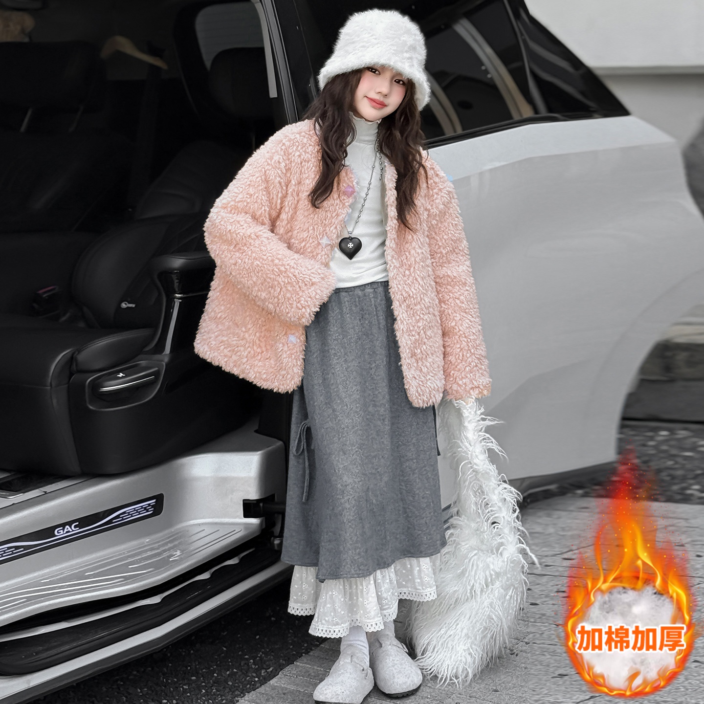 小学生羊羔毛外套女童秋冬加棉加厚2025新款大衣女孩洋气上衣棉服