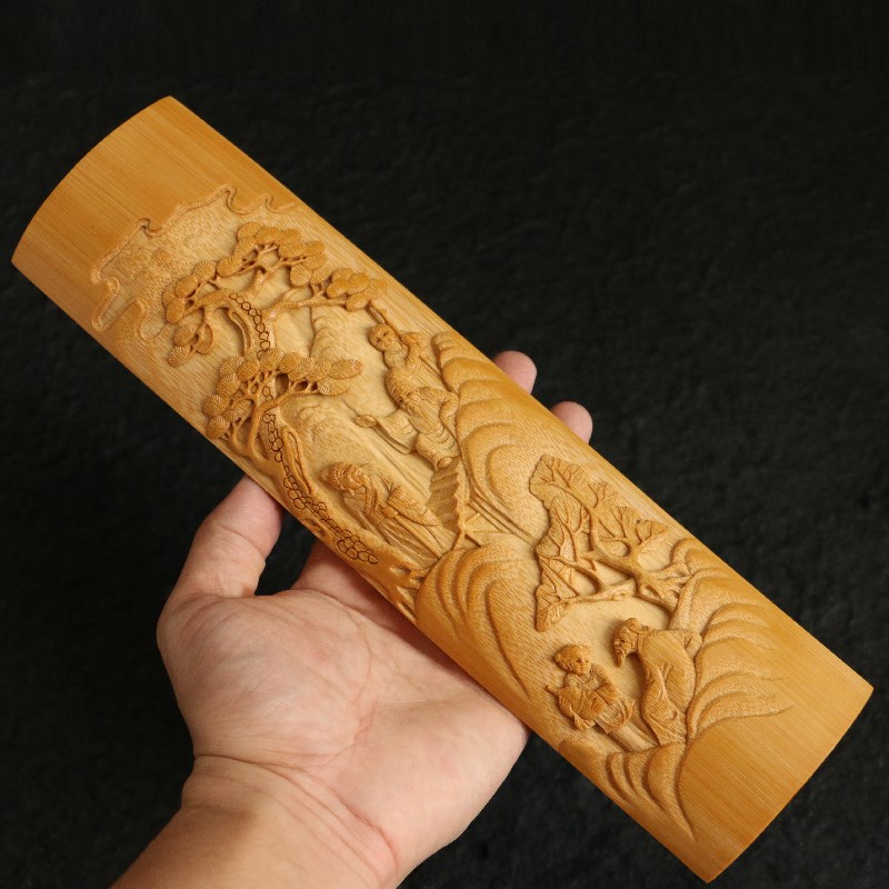 老玉竹纯手工精工雕刻浮雕工艺z竹刻文房雅器臂搁摆件竹雕收藏竹