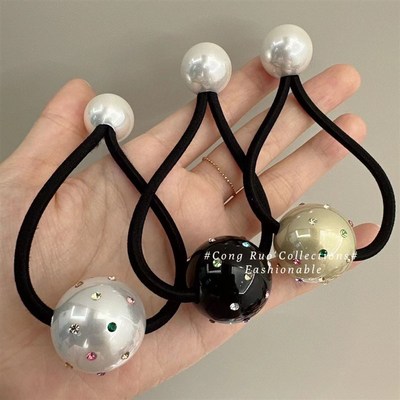 新款镶嵌闪钻皮筋k大小珍珠彩色钻球发绳时尚网红丸子头发圈女皮