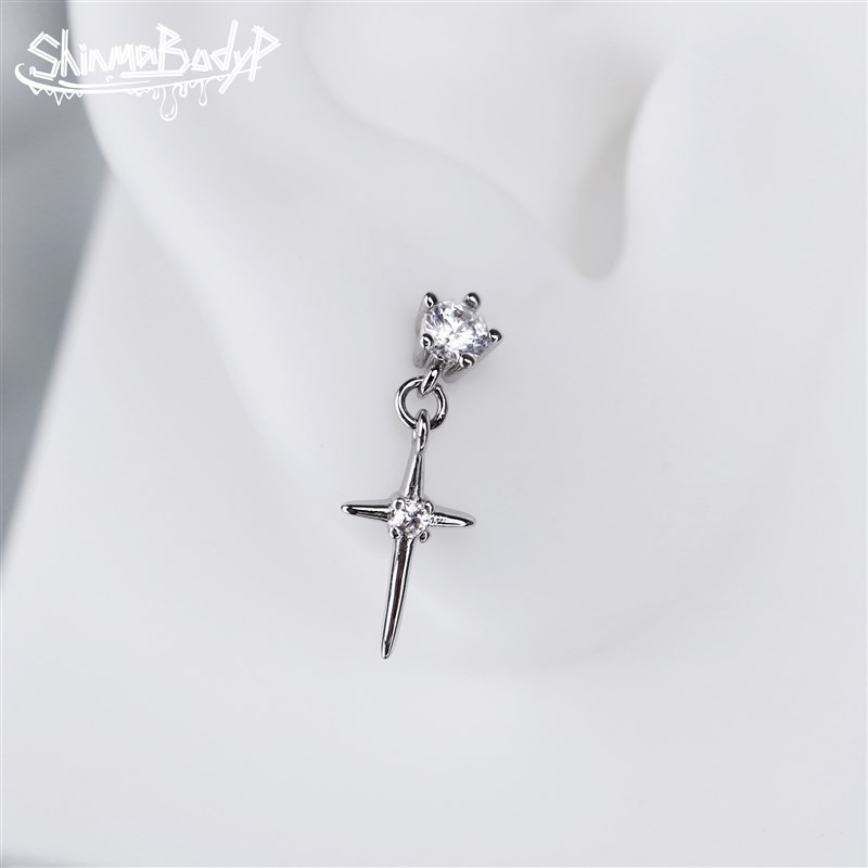 Shinma 0.8mmm细针锆石四角星星银色挂坠耳钉耳坠耳骨钉日韩气质