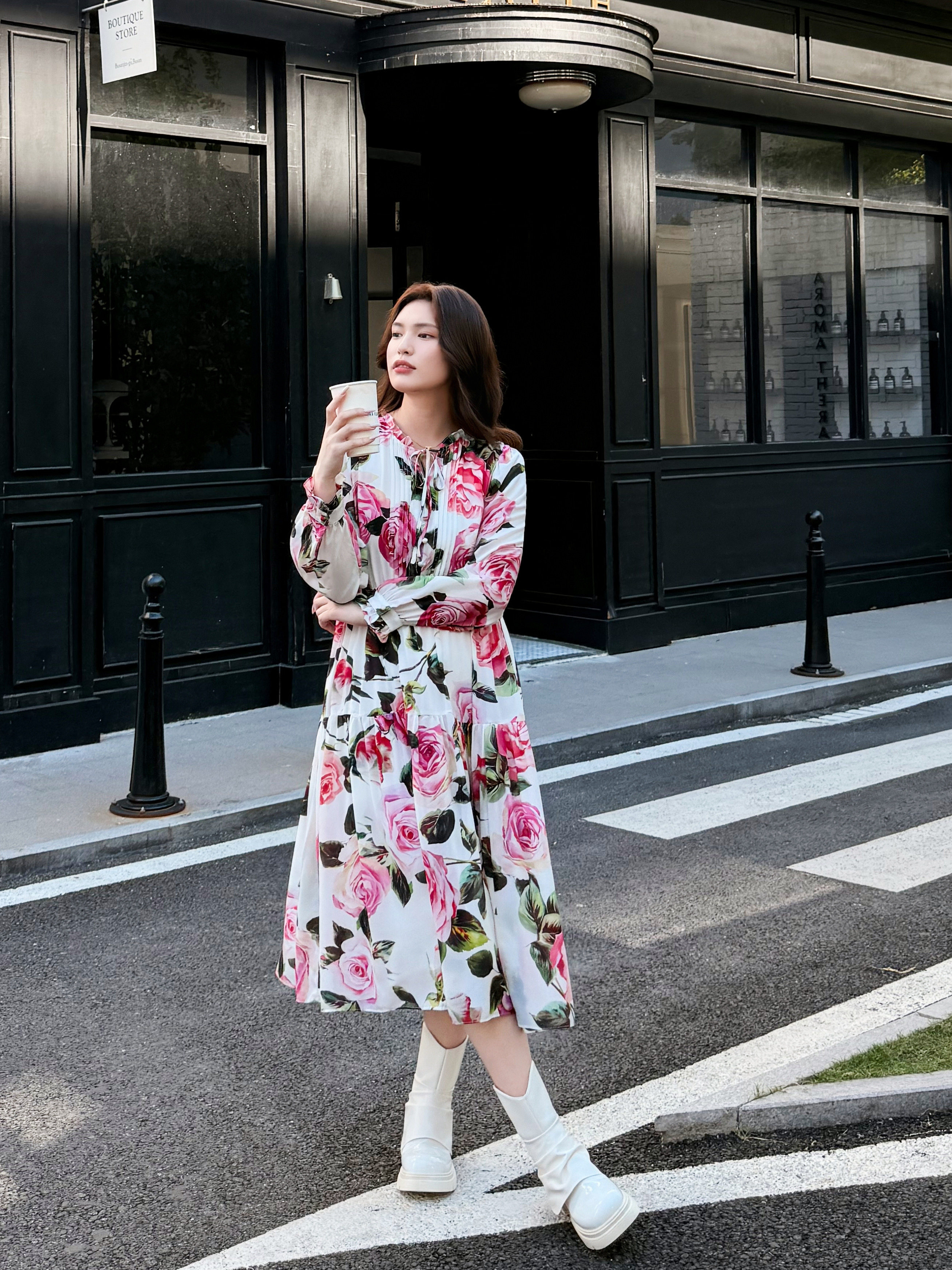 2025秋装新品大码女装胖mm长袖真丝连衣裙桑蚕丝蔷薇印花过膝裙