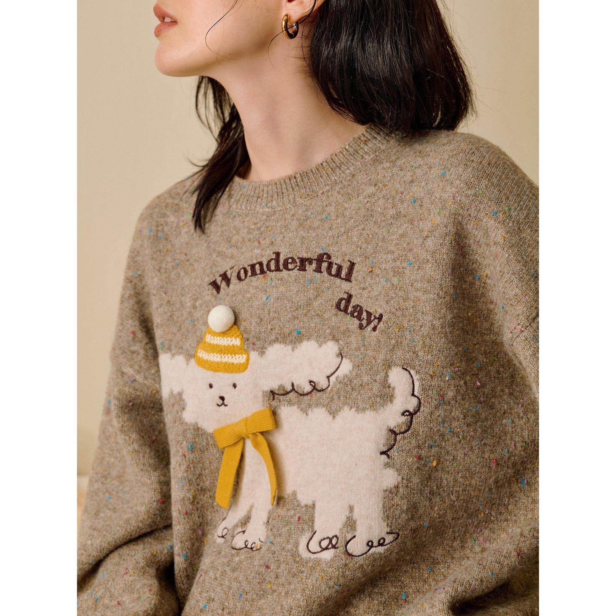 清仓绵羊毛|萌宠小狗套头毛衣女2025年冬季慵懒风软糯圆领针织衫