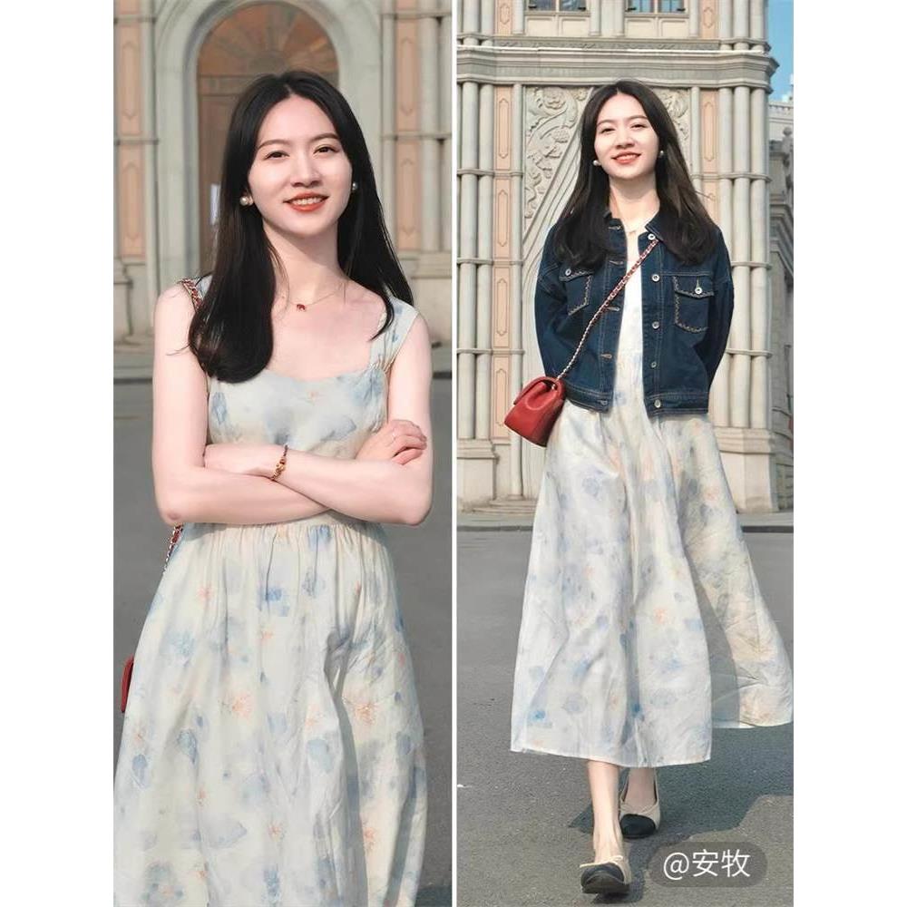 清仓亚麻吊带碎花连衣裙女2026年春季新款法式方领收腰印花长裙子