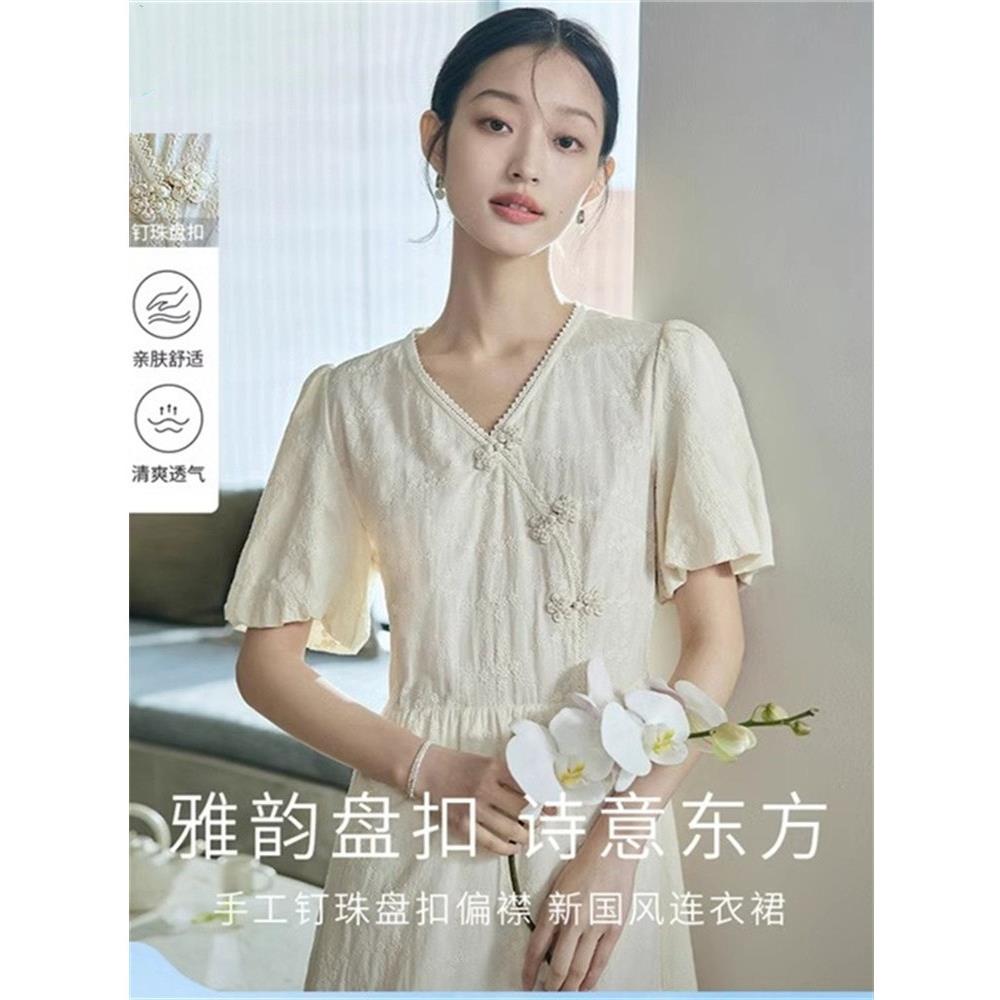 清仓改良国风新中式连衣裙女装2026年夏季新款v领纯棉长裙小个子