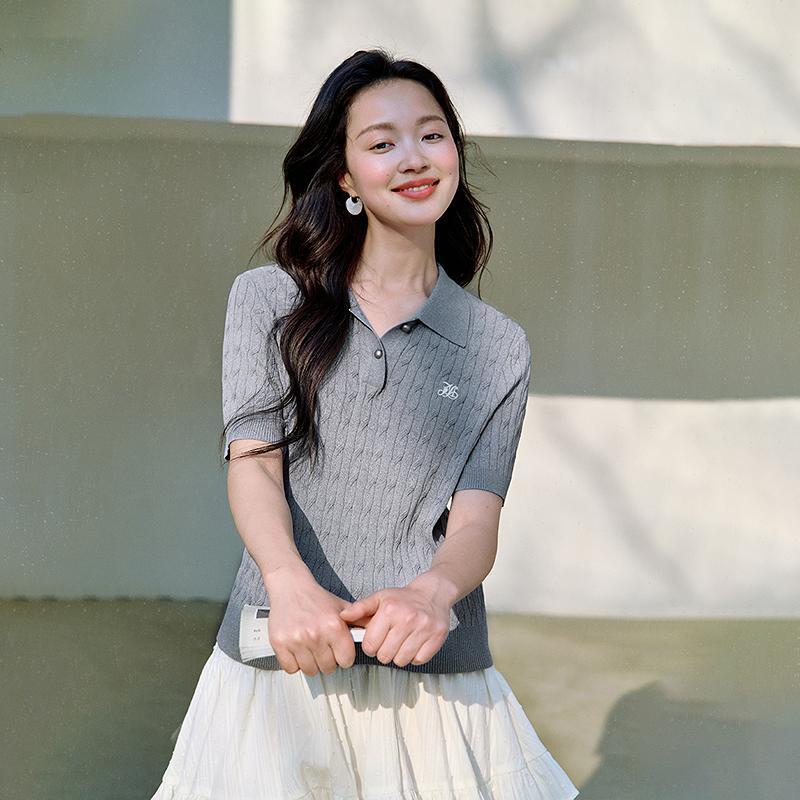 清仓复古miu系麻花短袖针织衫女2026年春夏季新款POLO衫灰色毛衣