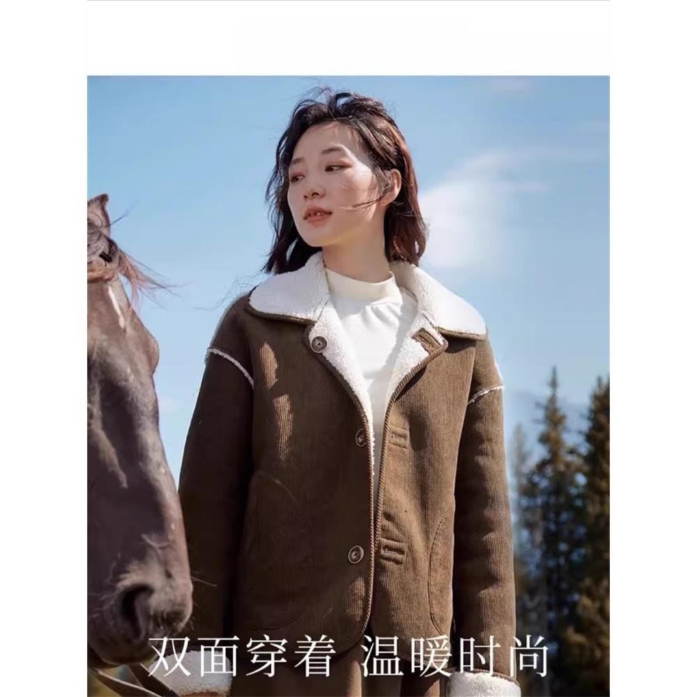 清仓两面穿羊羔绒短外套女士2025年秋冬季新款翻领加厚灯芯绒上衣