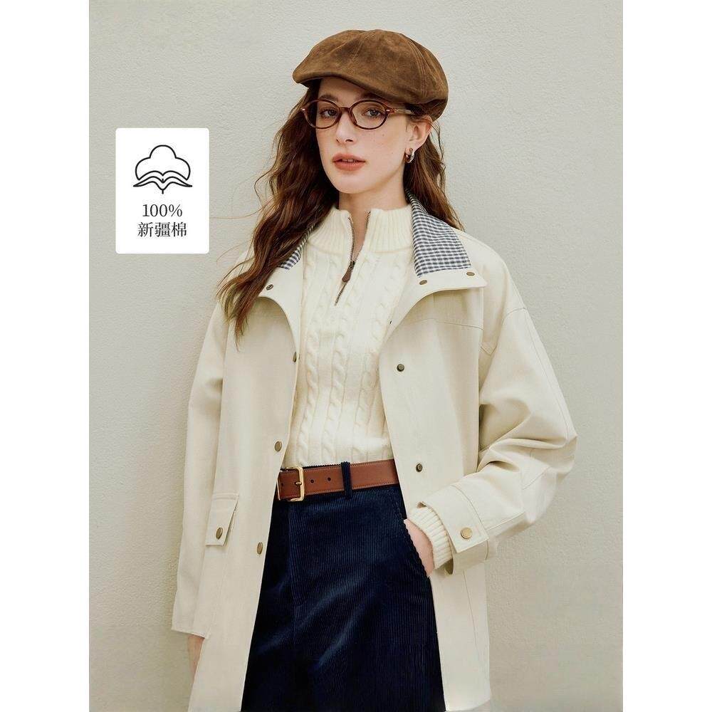 清仓法式立领格纹工装夹克外套女2026年春季新款宽松中长白色风衣