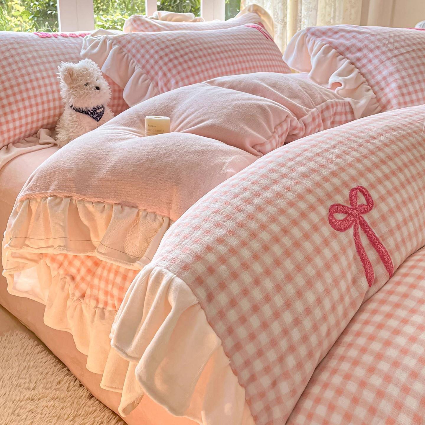 公主风牛奶珊瑚绒床上四件套冬季法兰绒被套加绒床品床单人三件套