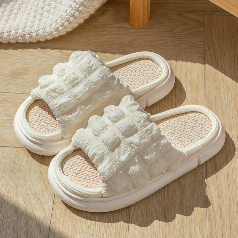 泡芙拖鞋高级感亚麻女四季室内透气棉麻布防滑潮踩屎感拖鞋男四季