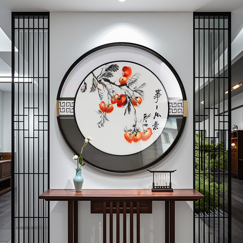 新中式入户玄关装饰画圆形高档刺绣壁画柿柿如意客厅苏绣成品挂画图片