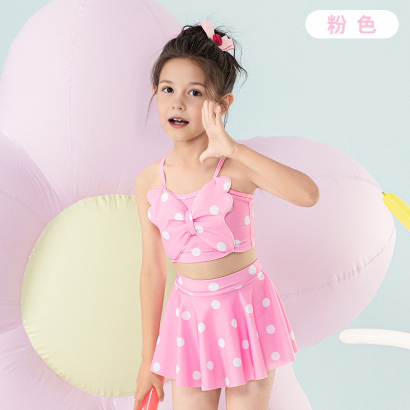 儿童泳衣女童可爱大蝴蝶结波点女宝宝裙式分体两件套儿童泳装