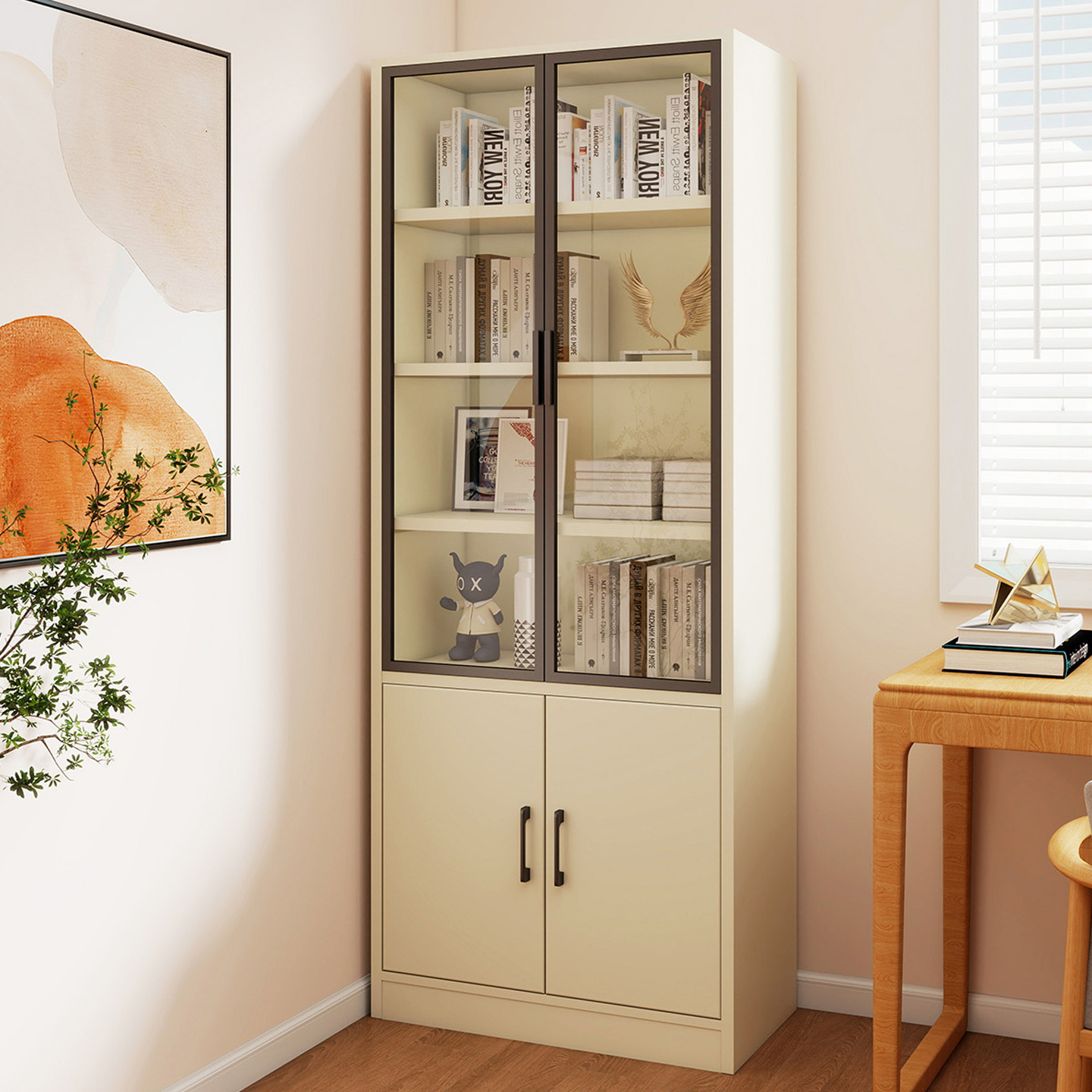 实木落地书架带玻璃门