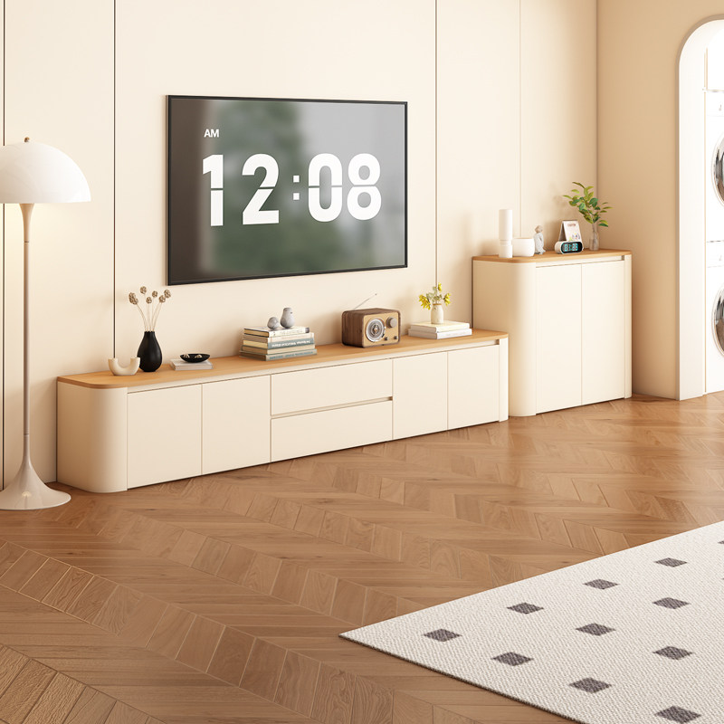 小户型奶油中古风电视柜落地收纳储物柜一体客厅家用边柜组合定制