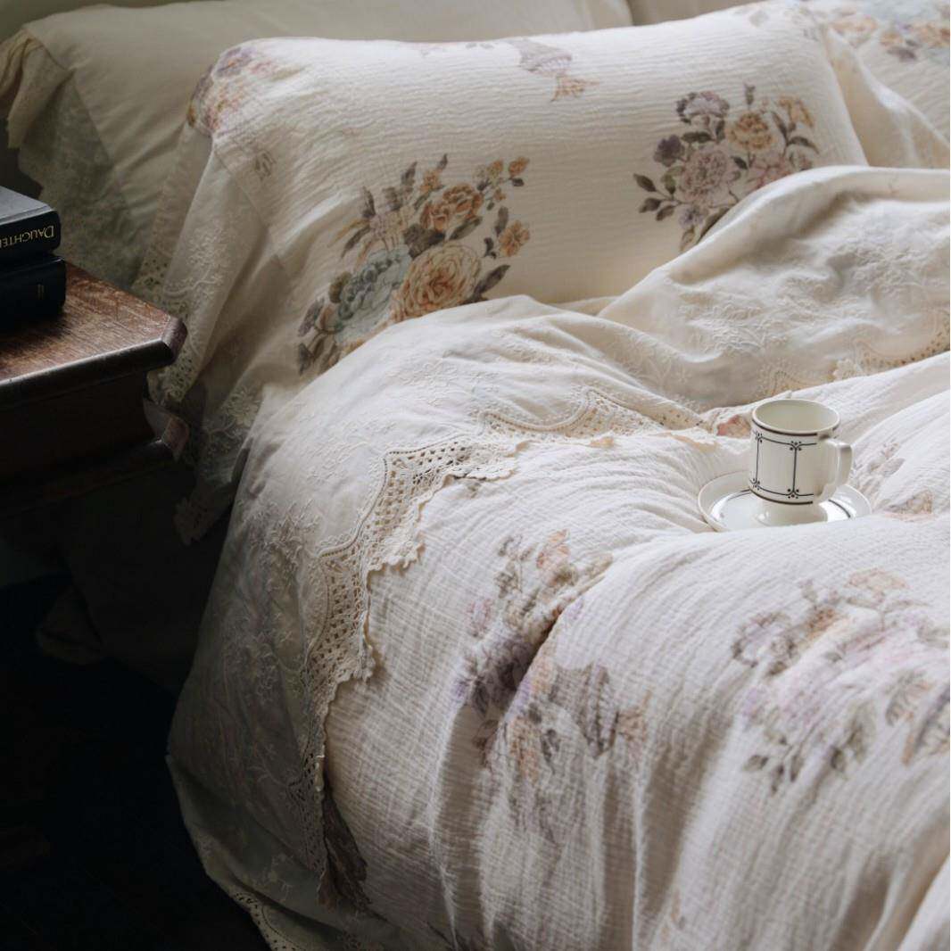 法式复古水洗云绉双层纱四件套全棉色织蕾丝花边被套床单床上用品