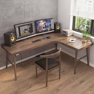 实木L型电脑桌卧室转角电竞桌家用书房学习写字桌拐角办公工作台