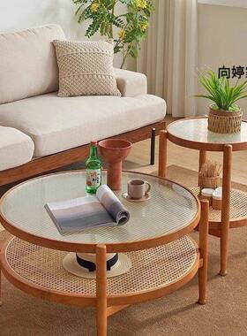 日法式中复古风阳台藤编原实木茶边几家用具小户型客厅圆矮桌极简