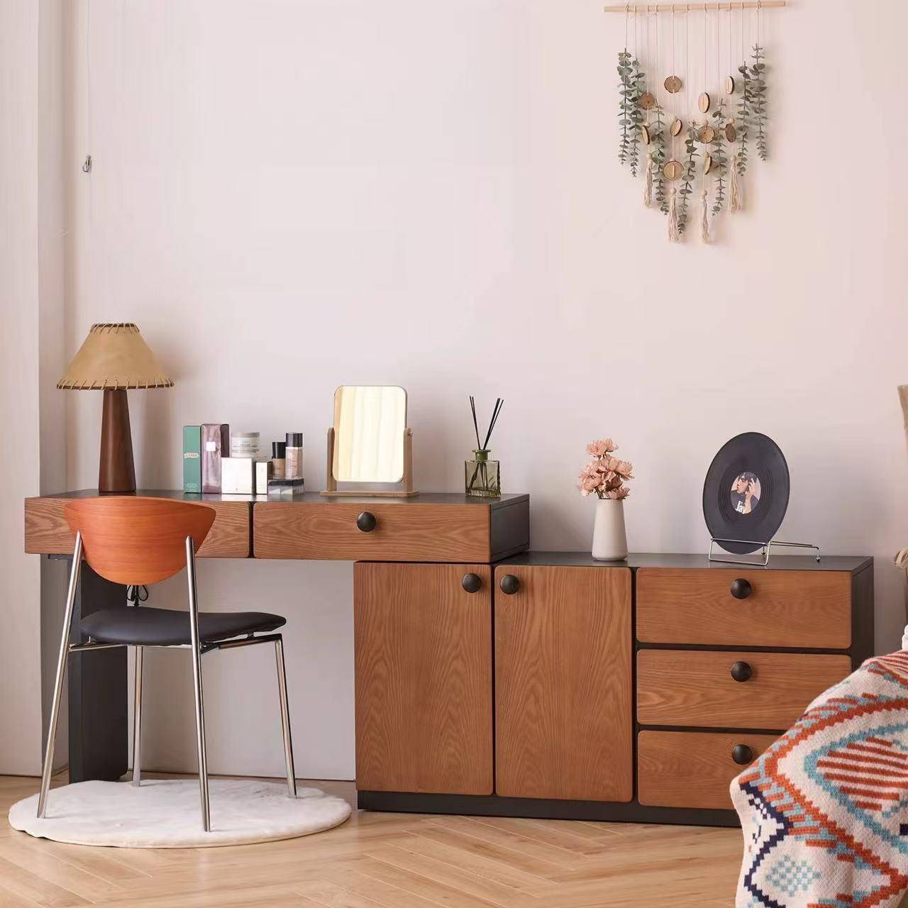 中古风实木伸缩转角梳妆台斗柜一体收纳床尾柜复古梳妆桌