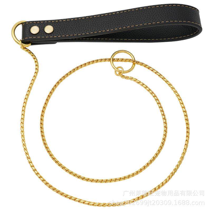 金色钛钢狗链狗牵引绳链圆蛇链不锈钢带皮把手不锈钢宠物牵引绳,机械设备,其他机械设备,淘宝优惠券,粉丝福利购,淘宝优惠卷