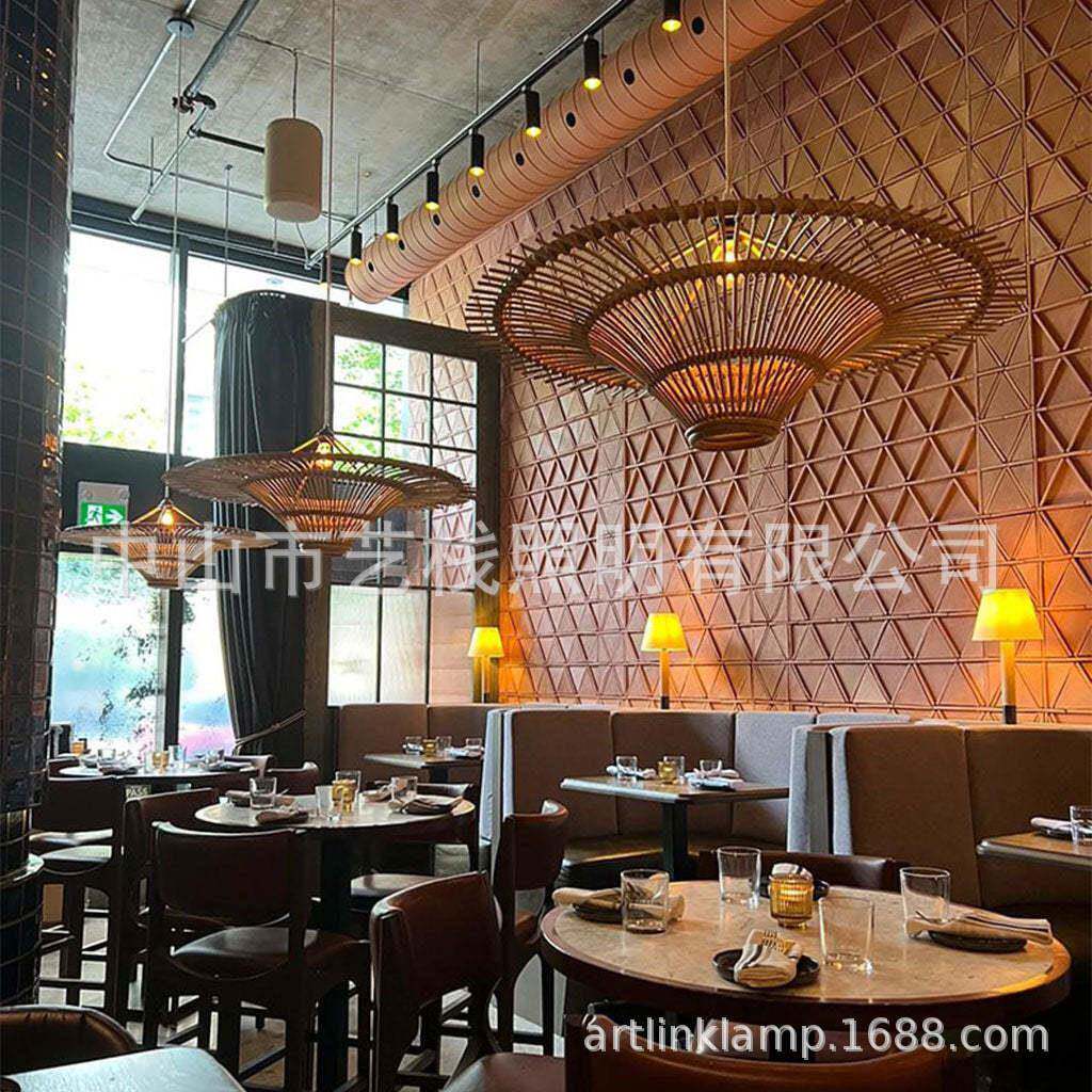 东南亚法式乡村藤编雨伞吊灯藤条吊灯真藤编吊吸两用