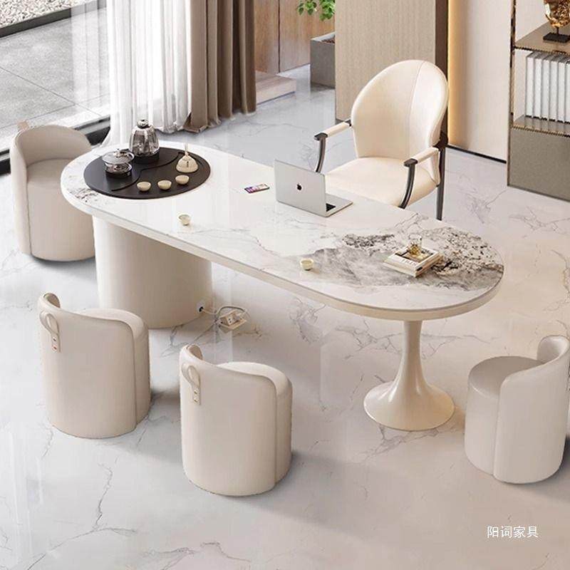 现代简约岩板茶桌办公桌两用奶油风办公室洽谈桌轻奢功夫泡茶台