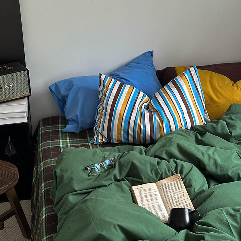 中古风复古绿格子撞色全棉水洗棉床单被套床笠纯色简约床上四件套