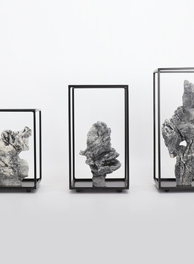 现代新中式创意铁艺石头客厅玄关摆件样板房书房别墅售楼处装饰品